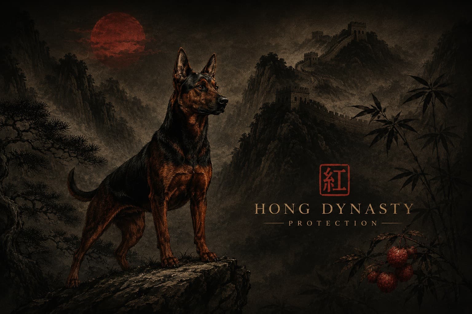 Ilustração de um Laizhou Hong sobre o penhasco, diante da Grande Muralha e da lua vermelha, ao estilo da pintura tradicional chinesa