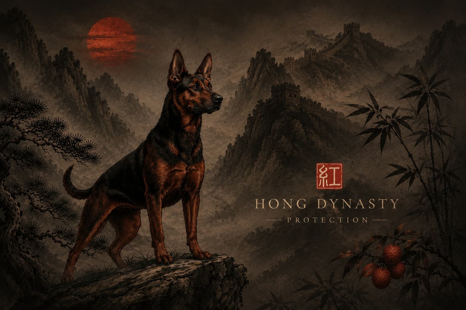 Ilustração de um Laizhou Hong sobre a rocha, diante de montanhas, pinheiro e lua vermelha, ao estilo da pintura tradicional chinesa